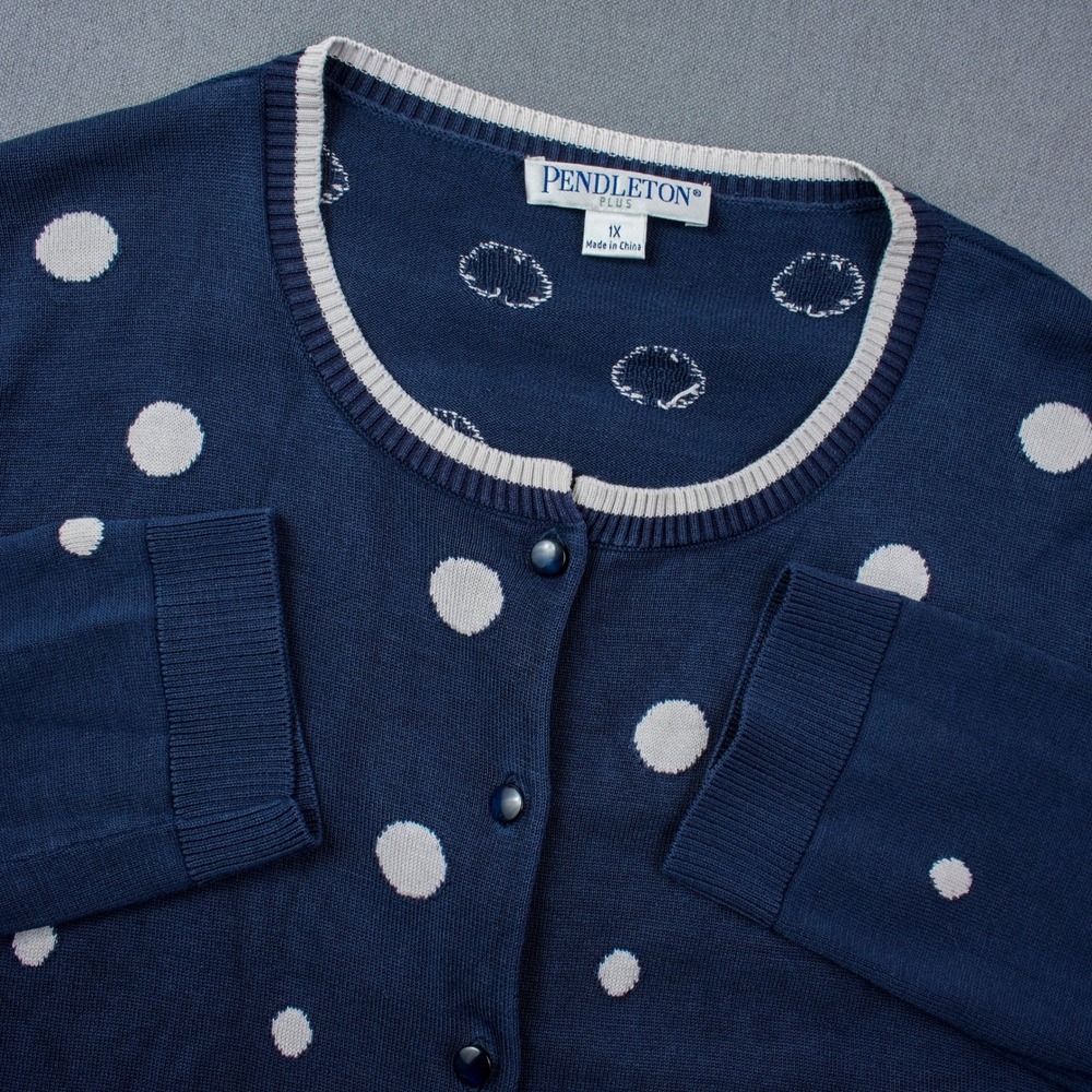 Pendleton Silk Blend Cardigan Sweater Polka Dot Button Front Women's 1X Blue